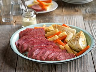 Corned Beef Brisket with Roasted Vegetables and Lemon-Mustard Sauce
