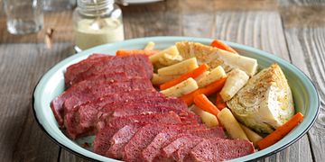 Corned Beef Brisket with Roasted Vegetables and Lemon-Mustard Sauce