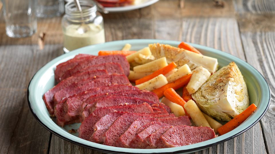 Corned Beef Brisket with Roasted Vegetables and Lemon-Mustard Sauce