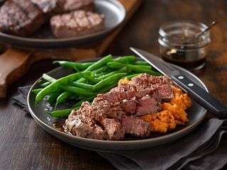 Espresso Bourbon Steaks with Mashed Sweet Potatoes