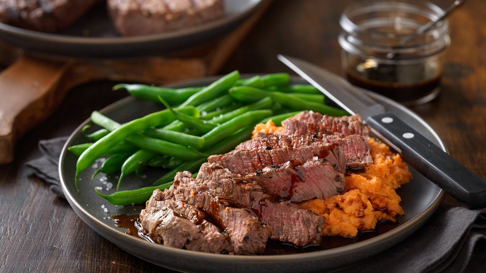 Espresso-Bourbon Steaks with Mashed Sweet Potatoes