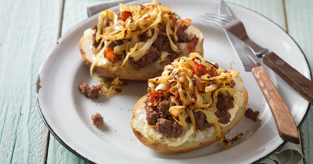 German-Style Beef Sausage Baked Potatoes | Beef Loving Texans | Beef Loving Texans is your one-stop 