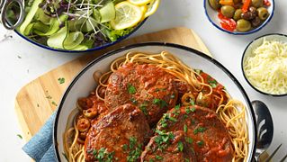 Mediterranean Steak and Pasta with Tomato-Olive Sauce