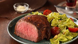 Top Sirloin Filets with Pasta and Spinach-Lemon Pesto