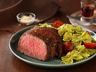 Top Sirloin Filets with Pasta and Spinach-Lemon Pesto