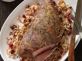 One Sheet Pan Roasted Beef Tri-Tip Roast with Cabbage and Cranberries