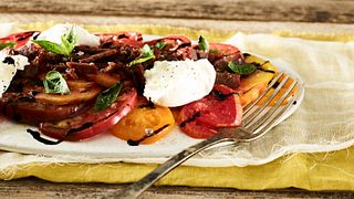 Crispy Beef Brisket and Heirloom Tomatoes with Burrato and Basil Oil