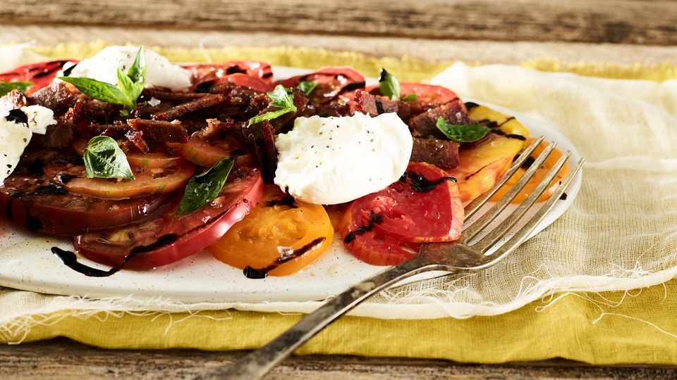 Crispy Beef Brisket and Heirloom Tomatoes with Burrato and Basil Oil