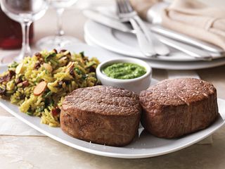 Two Steppin' Tenderloin (Tenderloin Steaks with Spinach-Almond Pesto and Brown Rice Pilaf)
