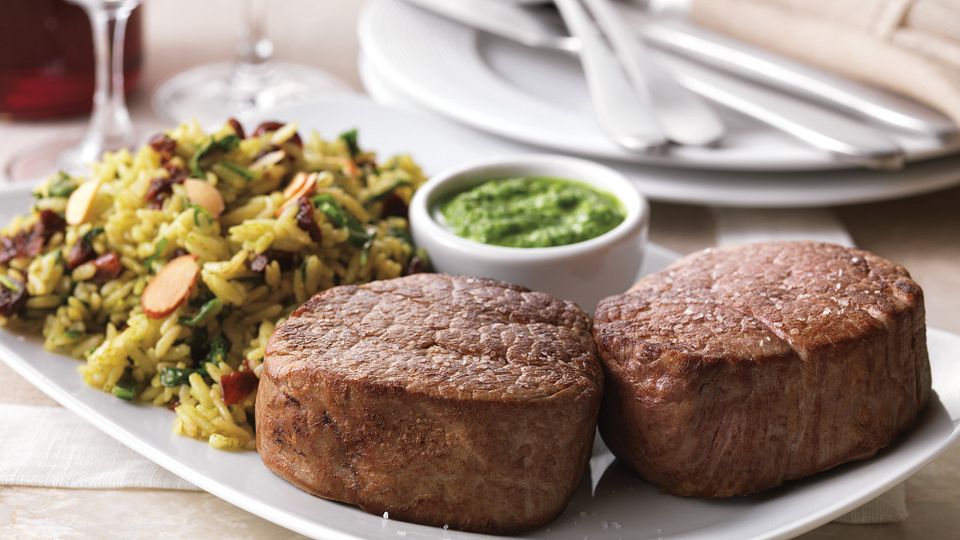 Two Steppin Tenderloin (Tenderloin Steaks with Spinach-Almond Pesto and Brown Rice Pilaf)