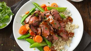 Grilled Top Round Steak with Plum-Ginger Barbecue Sauce