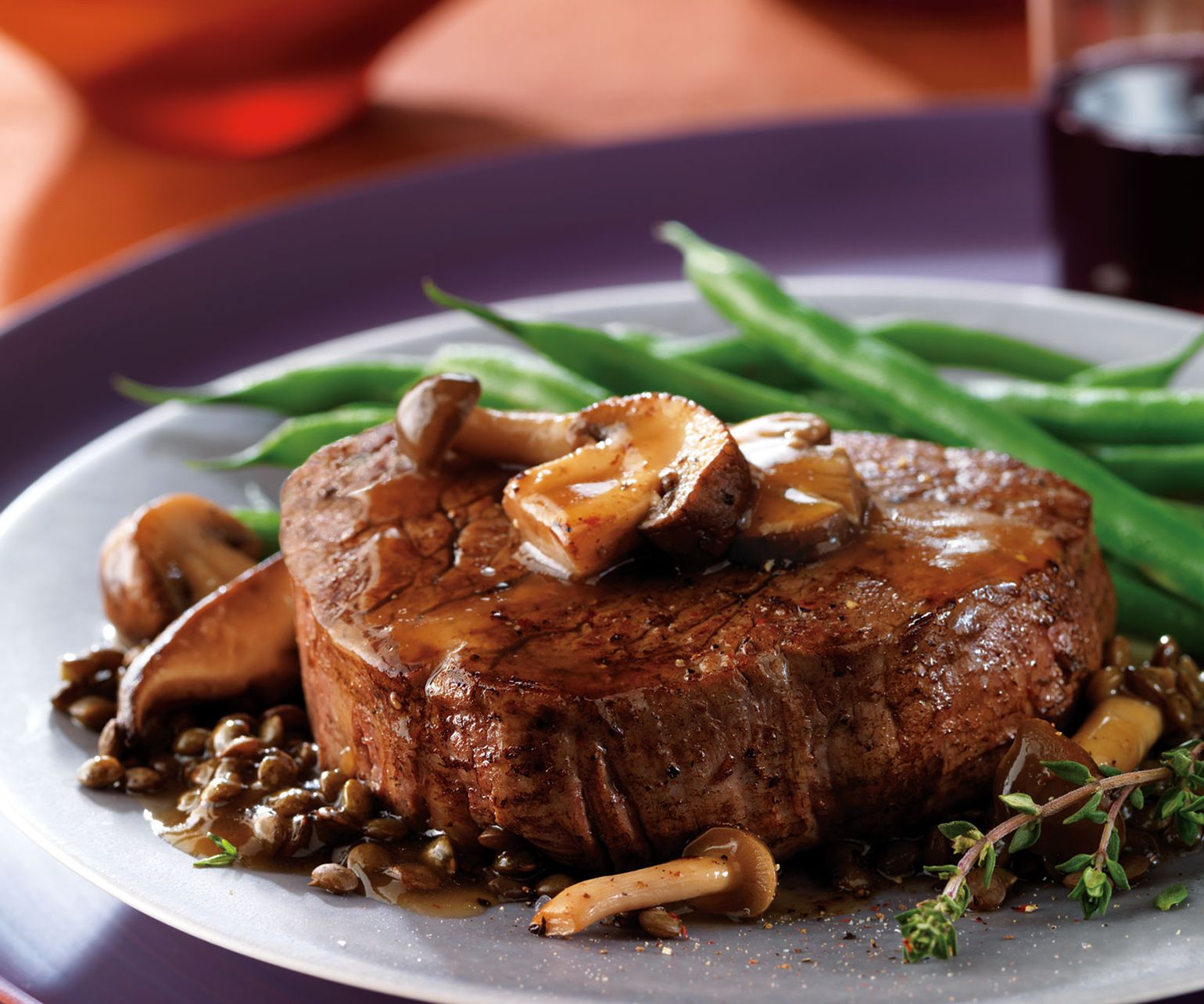 Beef Tenderloin Steaks with Mushroom Sauce and Lentils