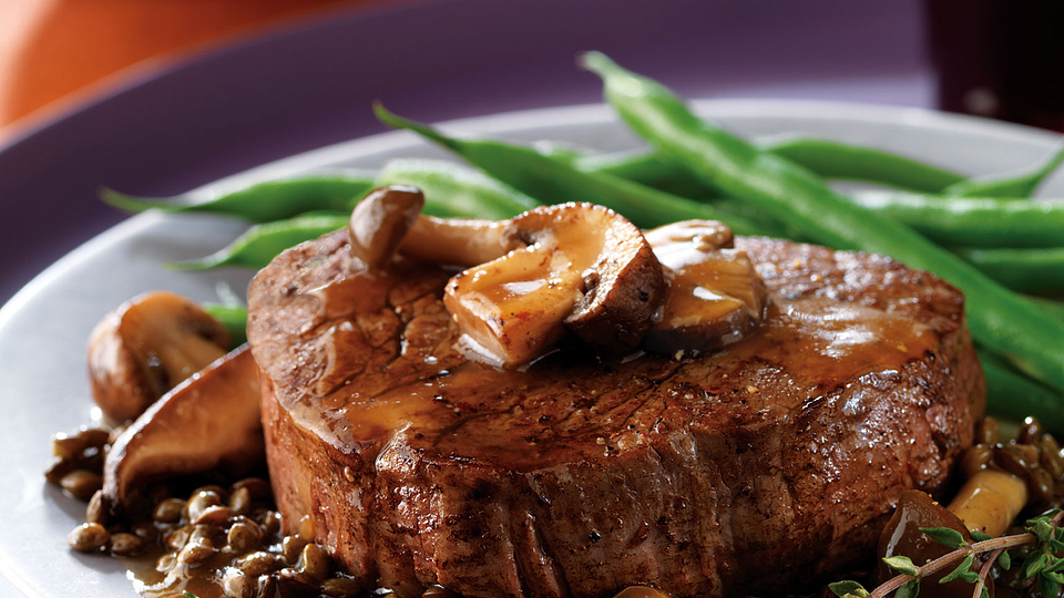 Beef Tenderloin with Mushroom Sauce and Lentils