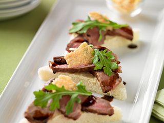 Beef Crostini with Parmesan Crisps and Balsamic Drizzle