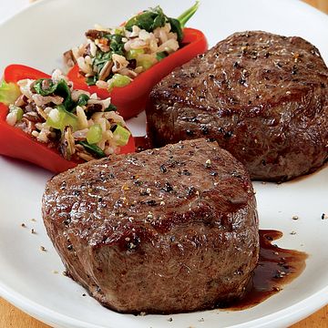 Petite Steaks with Wild Rice Baby Peppers