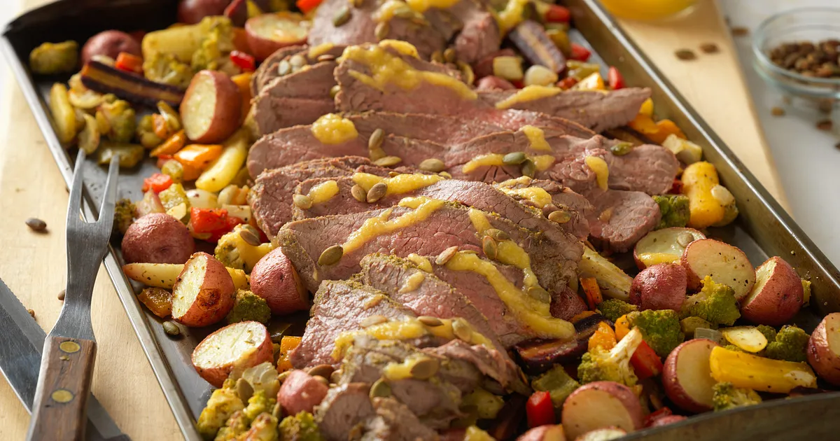 Roasted Beef Tri-Tip with Rosemary Pesto Vegetables and Gin Apricot Sauce | Beef Loving Texans | Bee