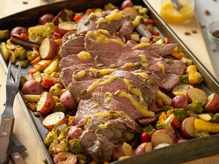 Roasted Beef Tri-Tip with Rosemary Pesto Vegetables and Gin Apricot Sauce