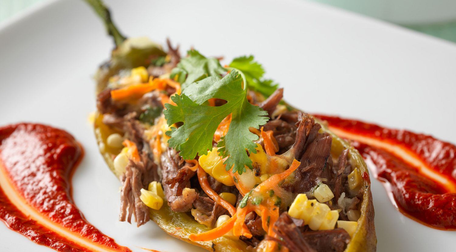 Shredded BeefStuffed Chile Relleno With Guajillo Chile Sauce Beef