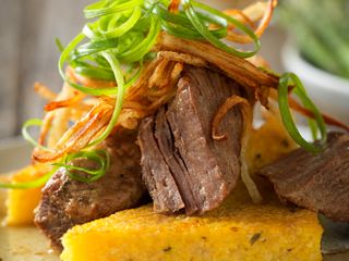Slow-Cooked Red Wine Braised Beef Short Ribs with Herbed Polenta Toast