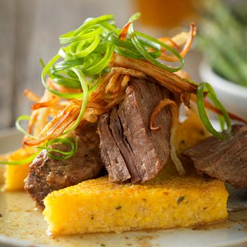 Slow Cooked Red Wine Short Ribs with Herbed Polenta Toast