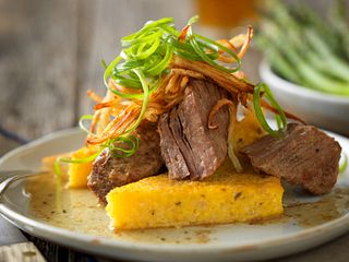 Slow Cooked Red Wine Short Ribs with Herbed Polenta Toast