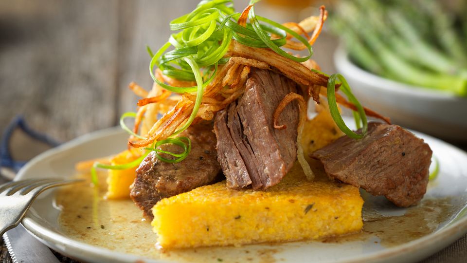 Slow-Cooked Red Wine Braised Beef Short Ribs with Herbed Polenta Toast