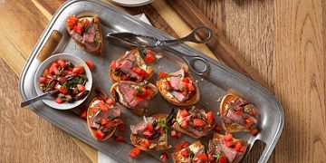 Beef Bruschetta with Roasted Garlic-Feta Spread