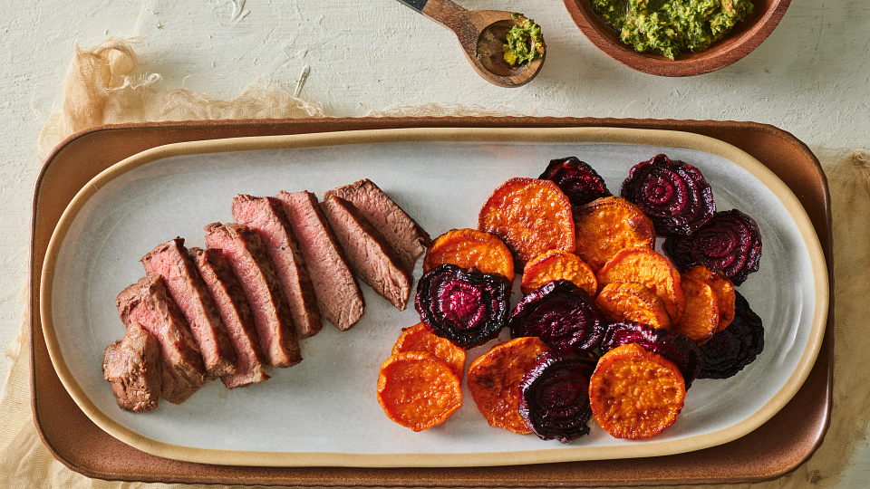 Steak and Roasted Sweet Potatoes and Beets with Kale Chimichurri