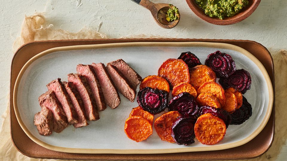 Steak and Roasted Sweet Potatoes and Beets with Kale Chimichurri