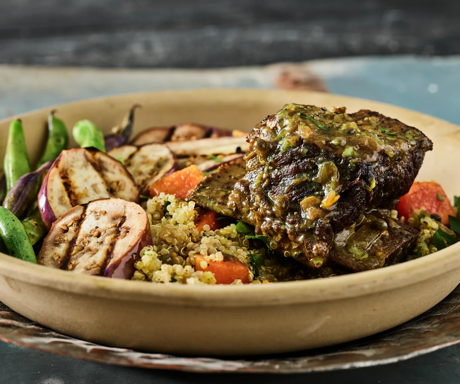 Aji-Braised Beef Short Ribs with Golden Herbed Quinoa