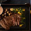 Six-Chile Beef Flank Steak with Southwest Tomato Cream and Roasted Vegetables