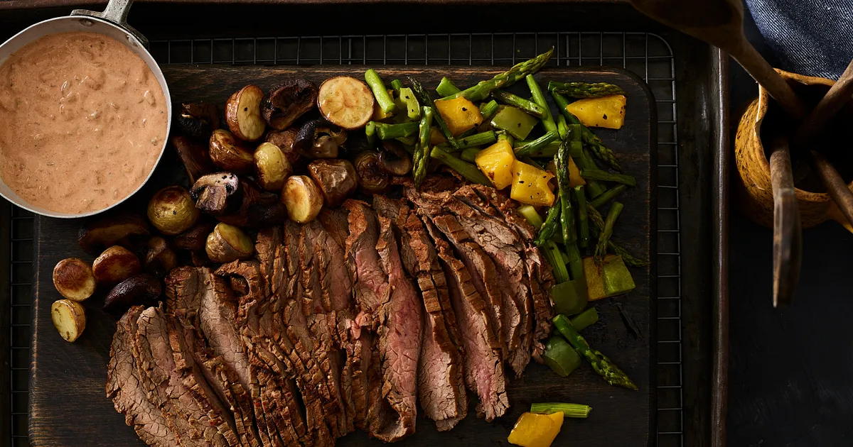 Six-Chile Beef Flank Steak with Southwest Tomato Cream and Roasted Vegetables | Beef Loving Texans |