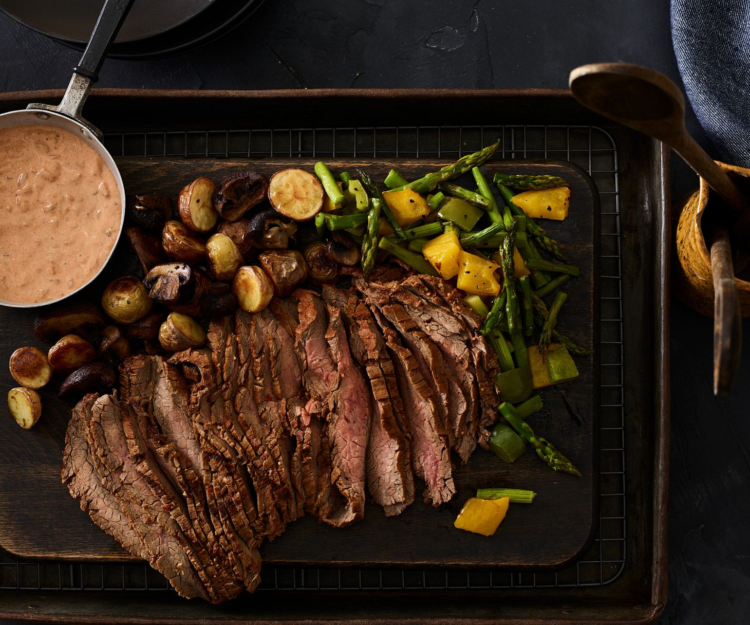 Six-Chile Beef Flank Steak with Southwest Tomato Cream and Roasted Vegetables