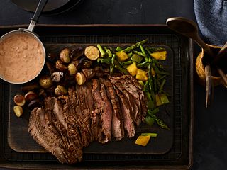 Six-Chile Beef Flank Steak with Southwest Tomato Cream and Roasted Vegetables