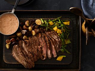 Six Chile Beef Flank Steak with Southwest Tomato Cream and Roasted Potatoes and Vegetables