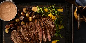 Six Chile Beef Flank Steak with Southwest Tomato Cream and Roasted Potatoes and Vegetables