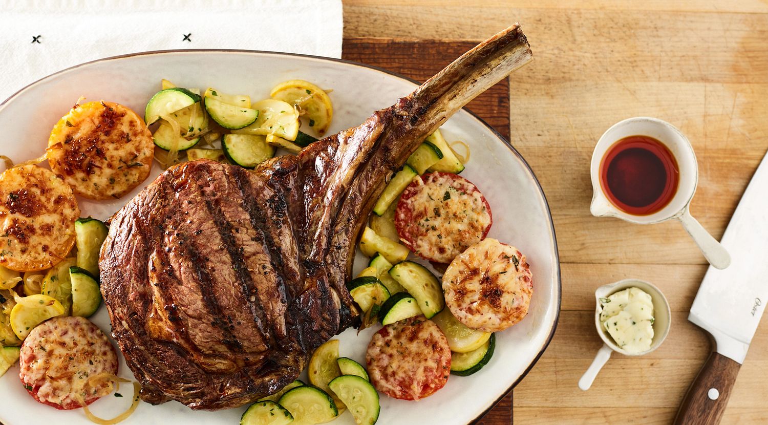 Grilled Beef Ribeye Steak with Parmesan Tomatoes and Squash