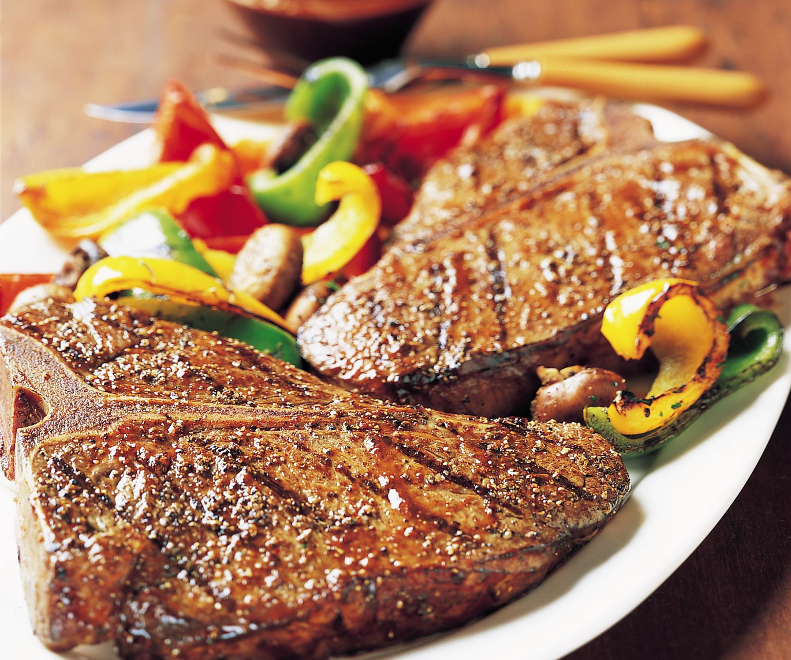 T-Bone Steaks with Grilled Vegetables and Steak Sauce
