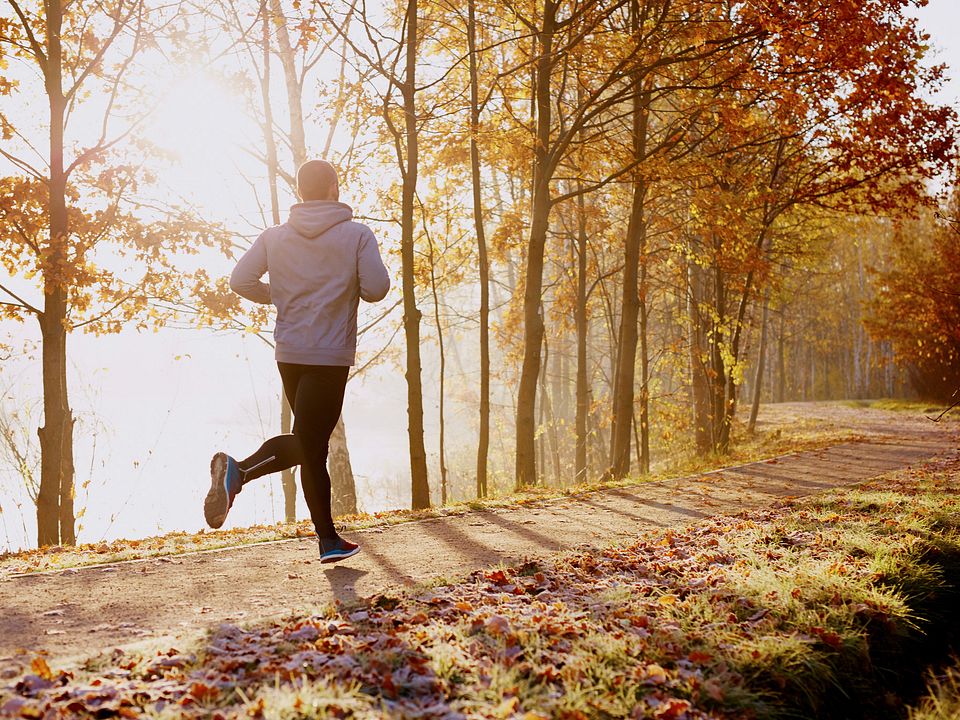 Man running in park at autumn morning