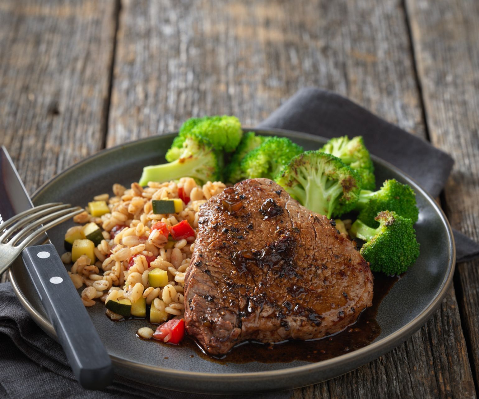 Sweet & Spicy Petite Sirloin Steaks with Vegetable Barley Risotto