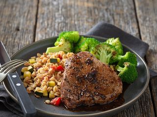 Sweet & Spicy Petite Sirloin Steaks with Vegetable Barley Risotto