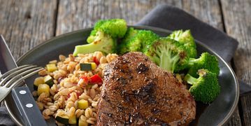 Sweet & Spicy Petite Sirloin Steaks with Vegetable Barley Risotto