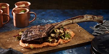 Tomahawk Steak with Grilled Brussels Sprouts and Sweet Potato Puree