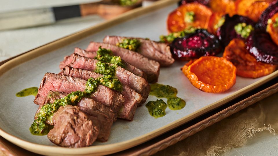 Steak and Roasted Sweet Potatoes and Beets with Kale Chimichurri