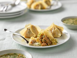 Beef and Shiitake Dumplings with Orange Ponzu Dipping Sauce