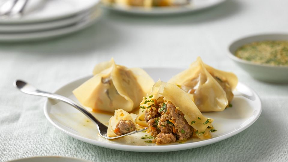 Beef and Shiitake Dumplings with Orange Ponzu Dipping Sauce