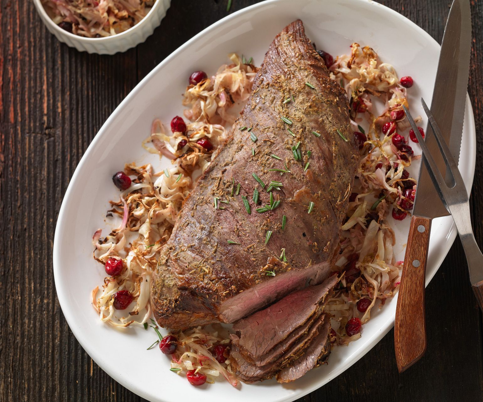 One Sheet Pan Roasted Beef Tri-Tip Roast with Cabbage and Cranberries