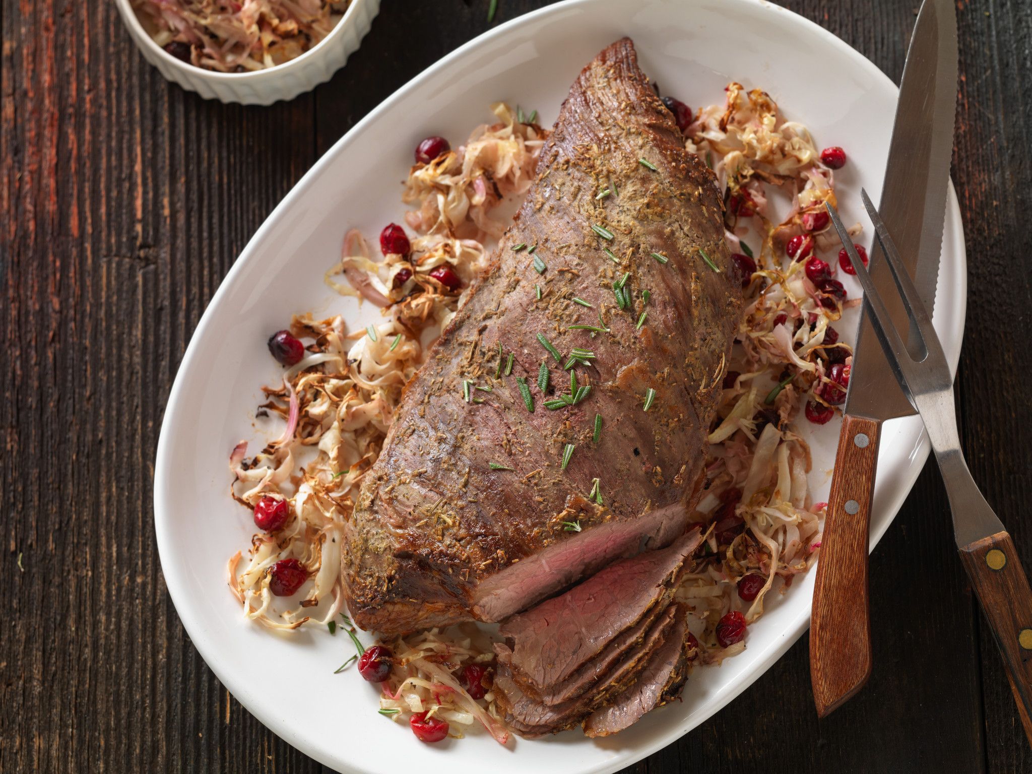 One Sheet Pan Roasted Beef Tri-Tip Roast with Cabbage and Cranberries