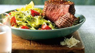 Top Sirloin Filets with Pasta and Spinach-Lemon Pesto