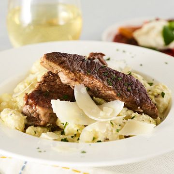 Braised Beef Short Ribs and Ricotta Gnocchi with Charred Pepper Cream Sauce